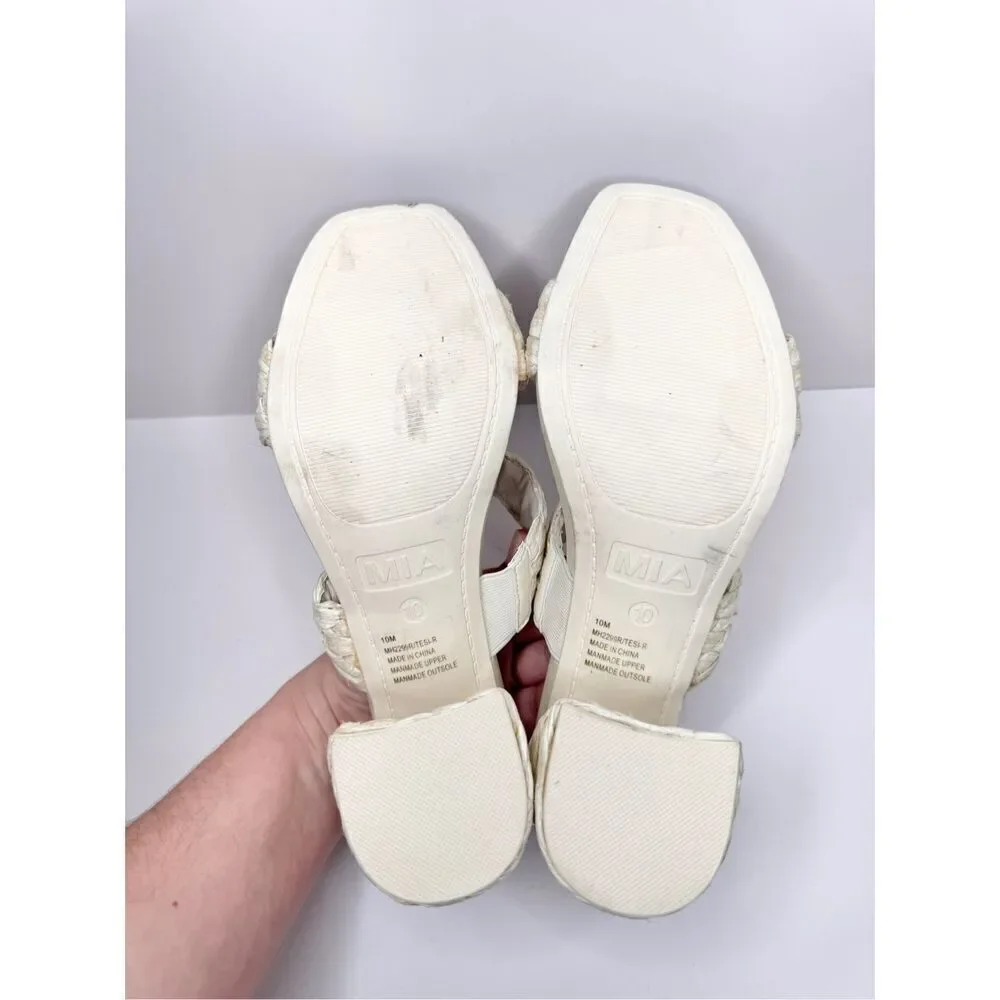 MIA Raffia Sandals Womens Size 10 Cream Double‎ Strap Block Heel